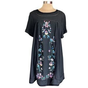 Umgee Black Shift Dress Floral Embroidery Gauzy XL Dark Cottage Boho Romantic